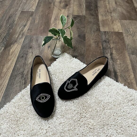 Jon Josef Size 6.5 Black Velvet Evil Eye Loafers Flats - Picture 1 of 6